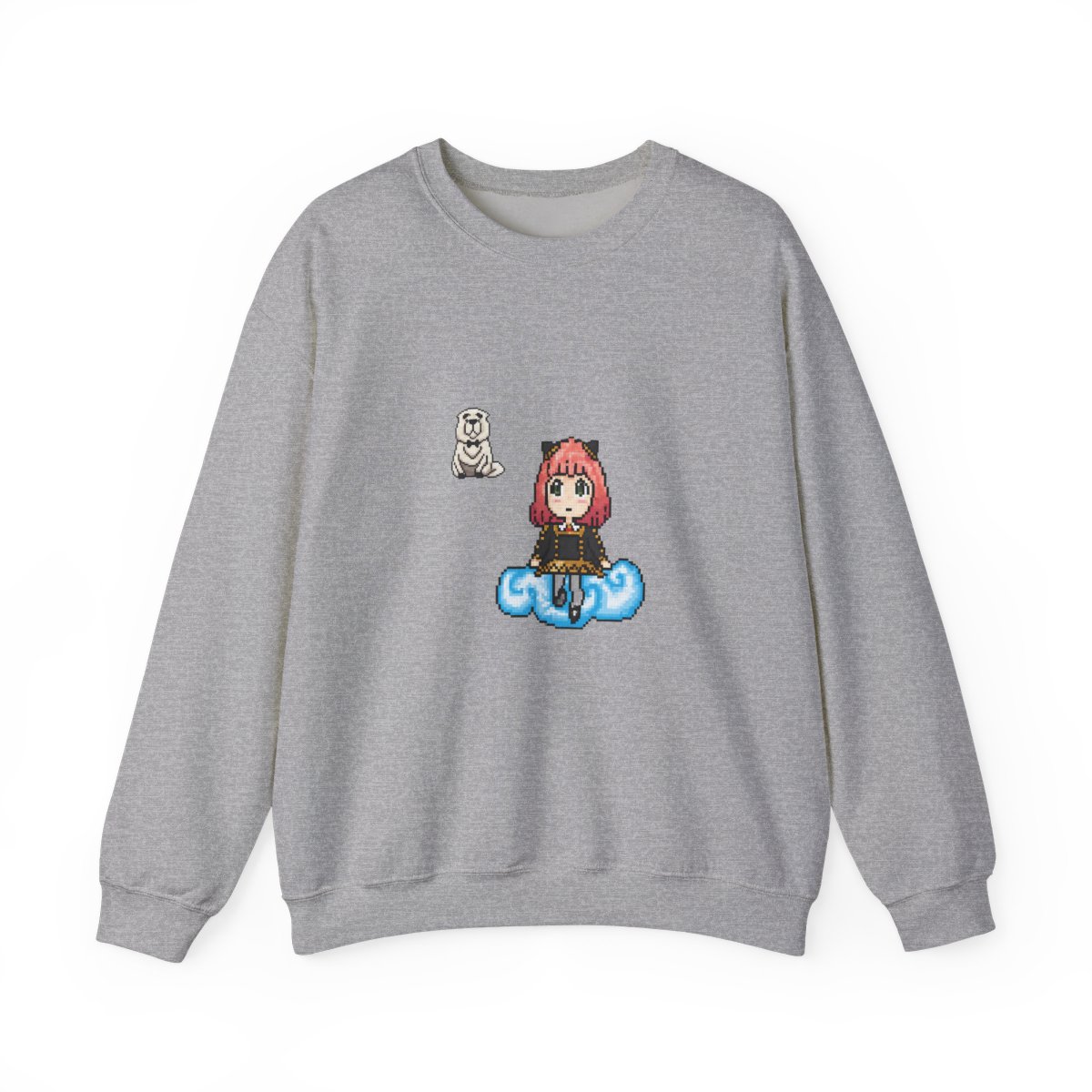 Teal Hoodies with a pixelated Anya Forger character on the back, sitting on a cloud. A small pixelated dog is on the front. The design uses black, pink, white, and blue pixels - alternate angle 5, merchandise
