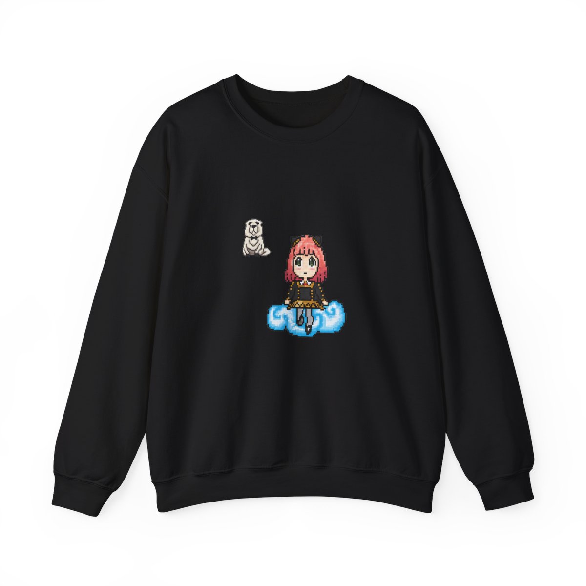 Teal Hoodies with a pixelated Anya Forger character on the back, sitting on a cloud. A small pixelated dog is on the front. The design uses black, pink, white, and blue pixels