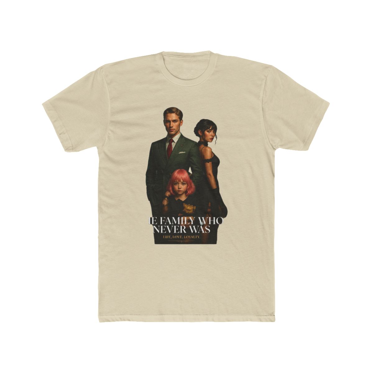 A dark brown T Shirt with a magazine cover design. The cover art features a family and the word "VISION". The text "THE FAMILY WHO NEVER WAS" and "LIFE, LOVE, LOYALTY" are also visible on the shirt - alternate angle 4, merchandise