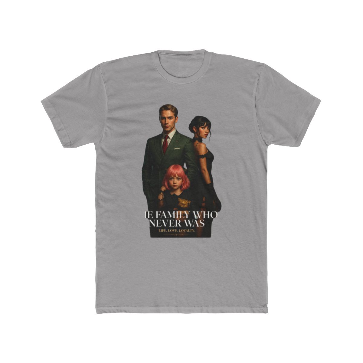 A dark brown T Shirt with a magazine cover design. The cover art features a family and the word "VISION". The text "THE FAMILY WHO NEVER WAS" and "LIFE, LOVE, LOYALTY" are also visible on the shirt — official Spy x Family T-Shirts