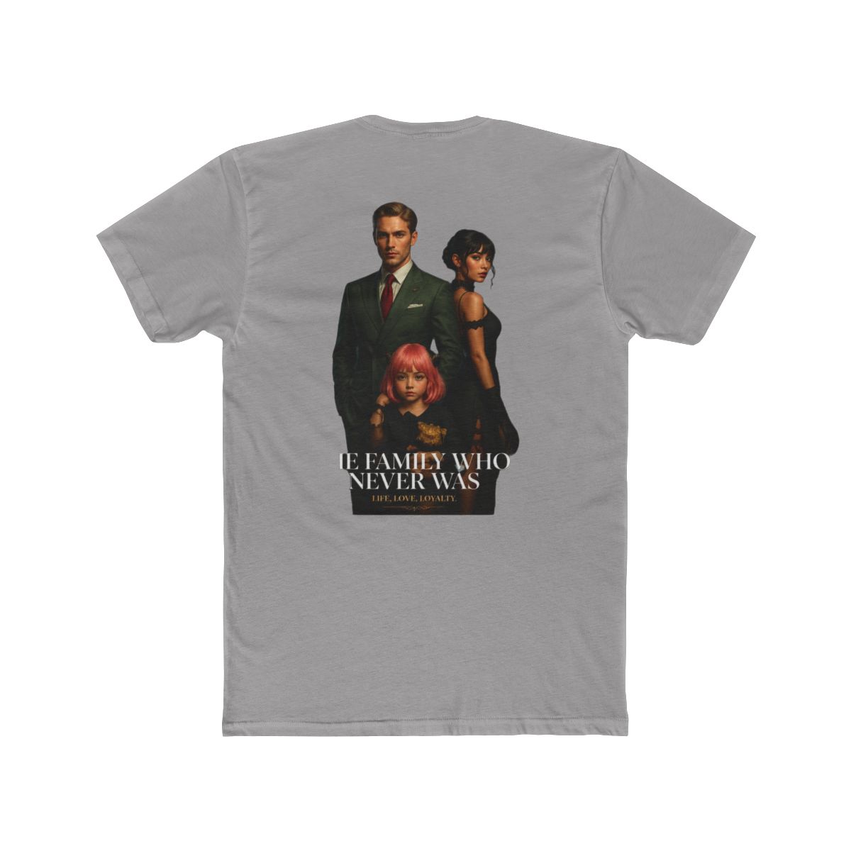 A dark brown T Shirt with a magazine cover design. The cover art features a family and the word "VISION". The text "THE FAMILY WHO NEVER WAS" and "LIFE, LOVE, LOYALTY" are also visible on the shirt - alternate angle 1, merchandise