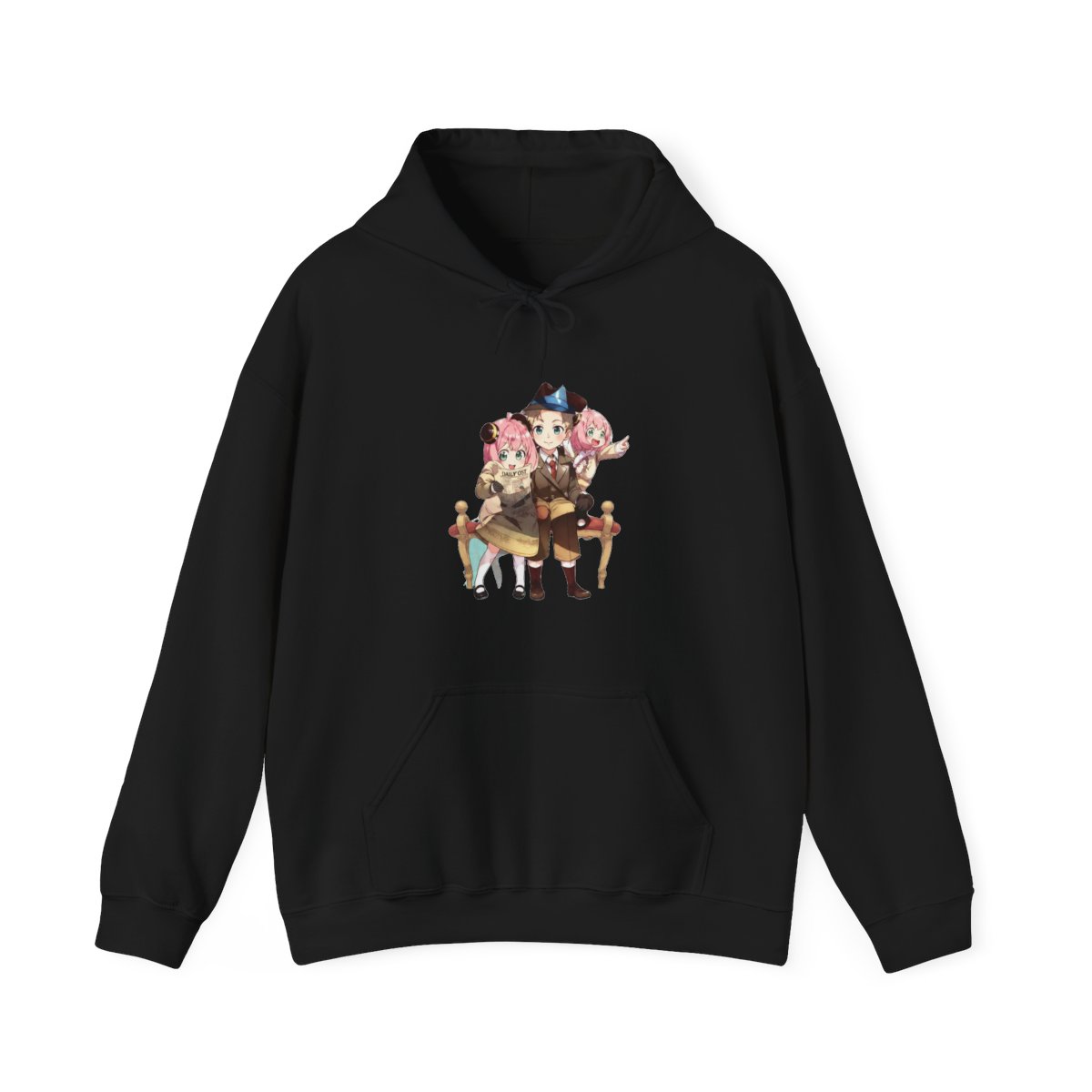Pink hoodie with a black graphic of two anime characters and the text "SPY×FAMILY" on the back — official Spy x Family Hoodies