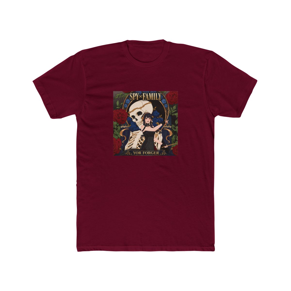 A black and white illustration of a skeleton with a woman in a black dress standing in front of it. The woman is holding a pair of wands. The background is filled with red and blue roses. The text... - alternate angle 4, merchandise