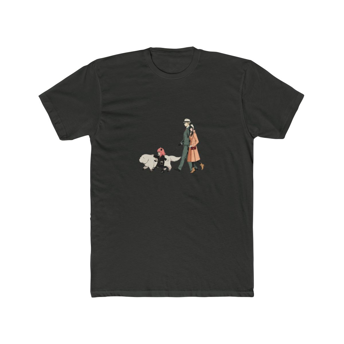 Moss green T Shirt with a graphic of a family walking a dog on a zebra crossing, with Japanese text above. The design includes a man, woman, child, and a white dog. The shirt is labeled "Comfort... - alternate angle 4, merchandise