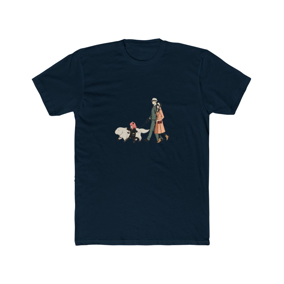 Moss green T Shirt with a graphic of a family walking a dog on a zebra crossing, with Japanese text above. The design includes a man, woman, child, and a white dog. The shirt is labeled "Comfort... - alternate angle 5, merchandise