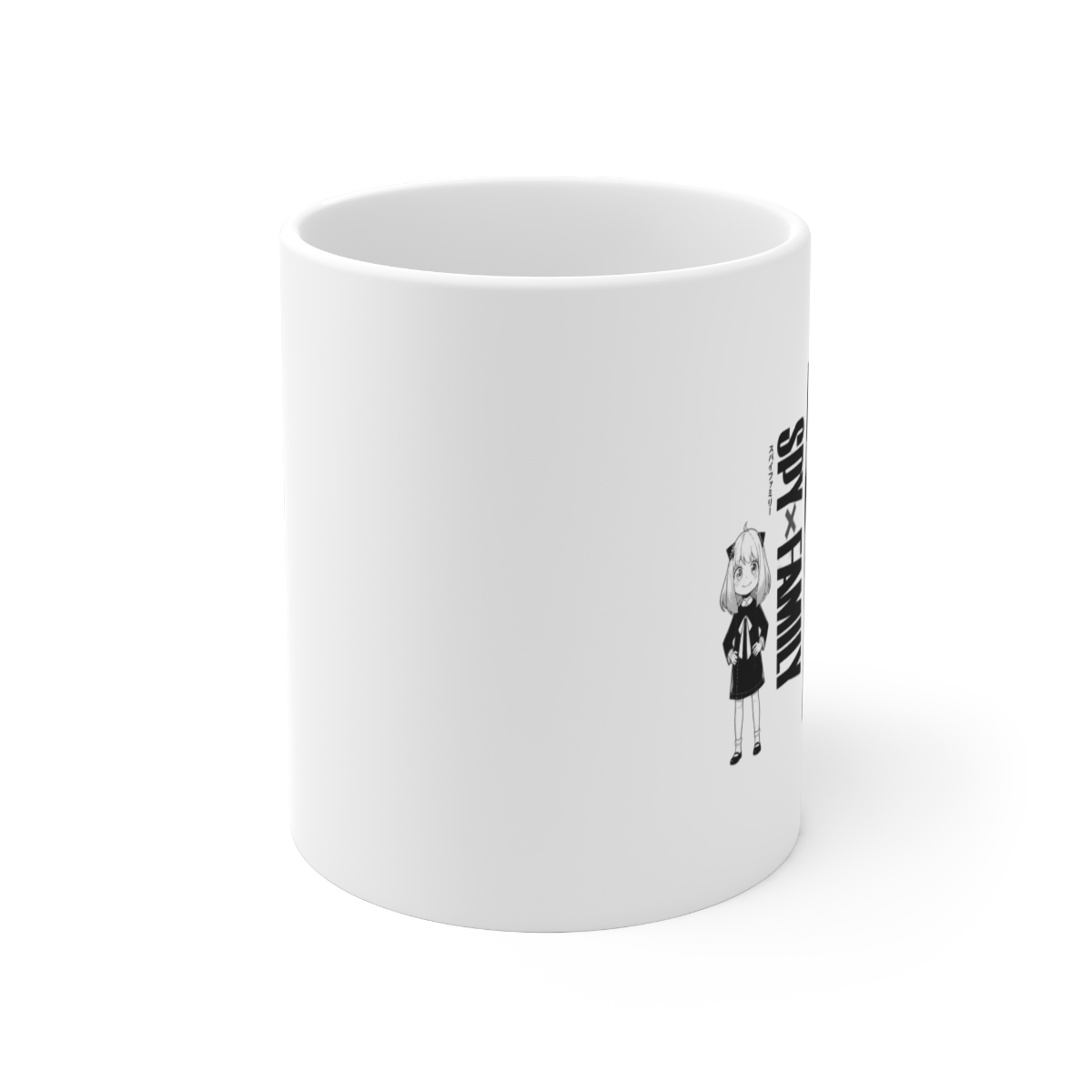 A white ceramic mug with a pink interior and handle, displaying manga-style illustrations and the text "SPY x FAMILY." The mug sits on a white saucer, showcasing a design from the popular anime series - alternate angle 1, merchandise