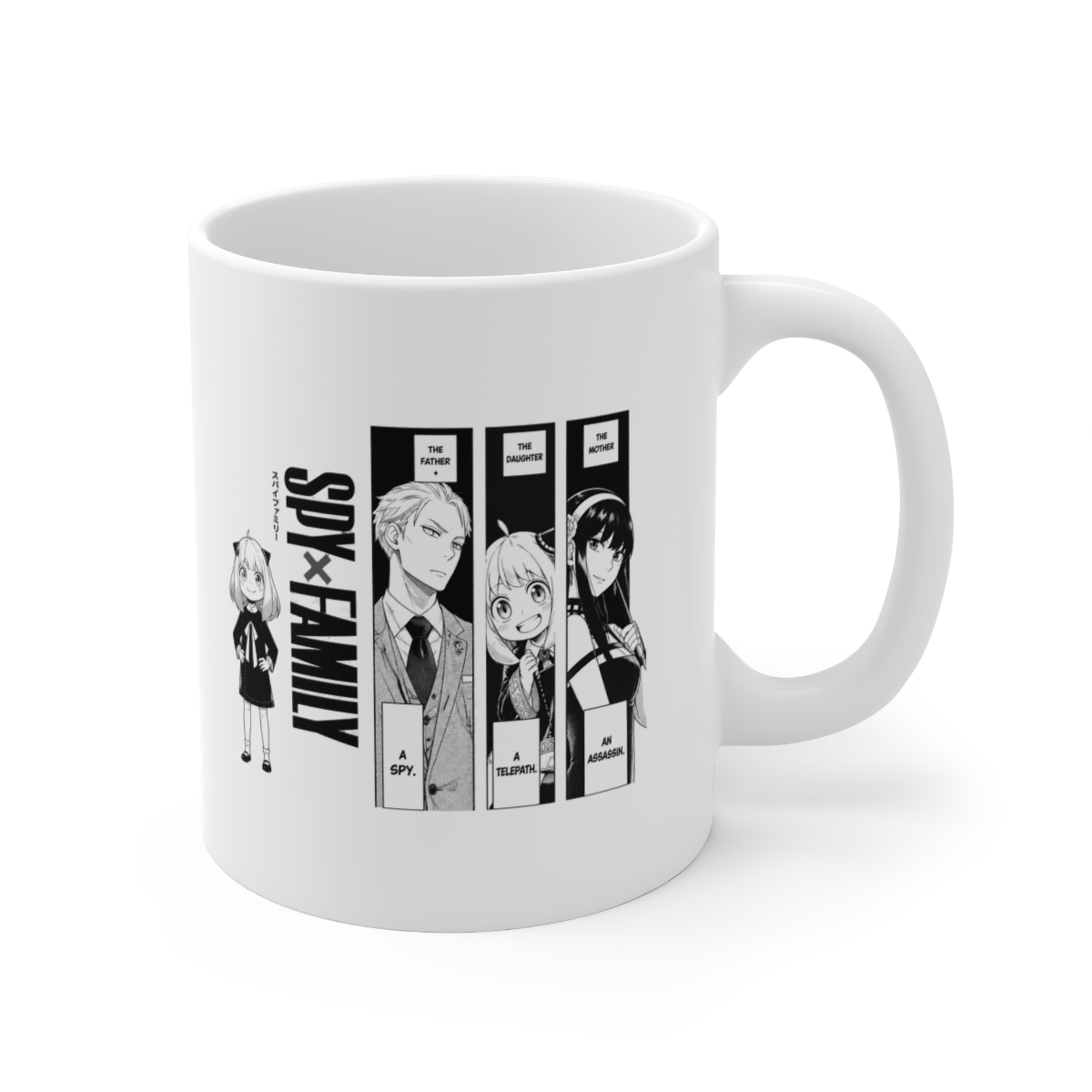 A white ceramic mug with a pink interior and handle, displaying manga-style illustrations and the text "SPY x FAMILY." The mug sits on a white saucer, showcasing a design from the popular anime series - Official Mugs & Drinkware merchandise