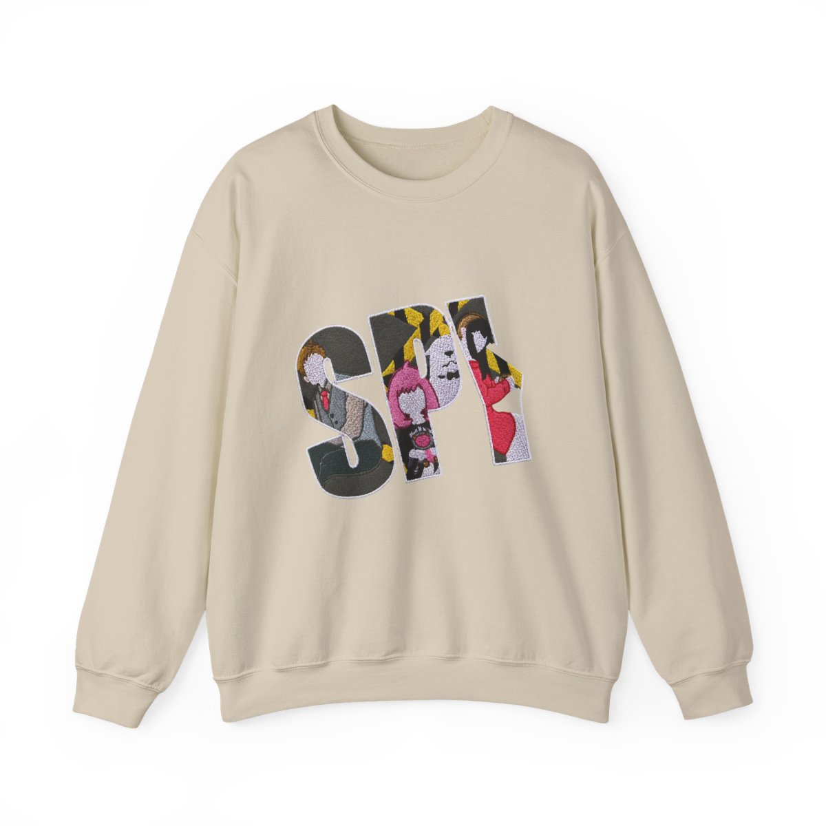 Dark grey Hoodies with the word "SPY" in white, featuring characters from the anime series. The letters are filled with colourful illustrations of the characters, with a yellow and black hazard...