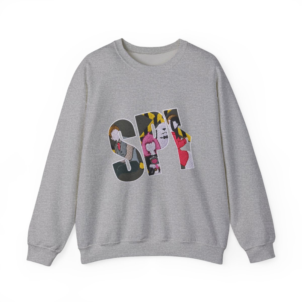 Dark grey Hoodies with the word "SPY" in white, featuring characters from the anime series. The letters are filled with colourful illustrations of the characters, with a yellow and black hazard... - alternate angle 2, merchandise